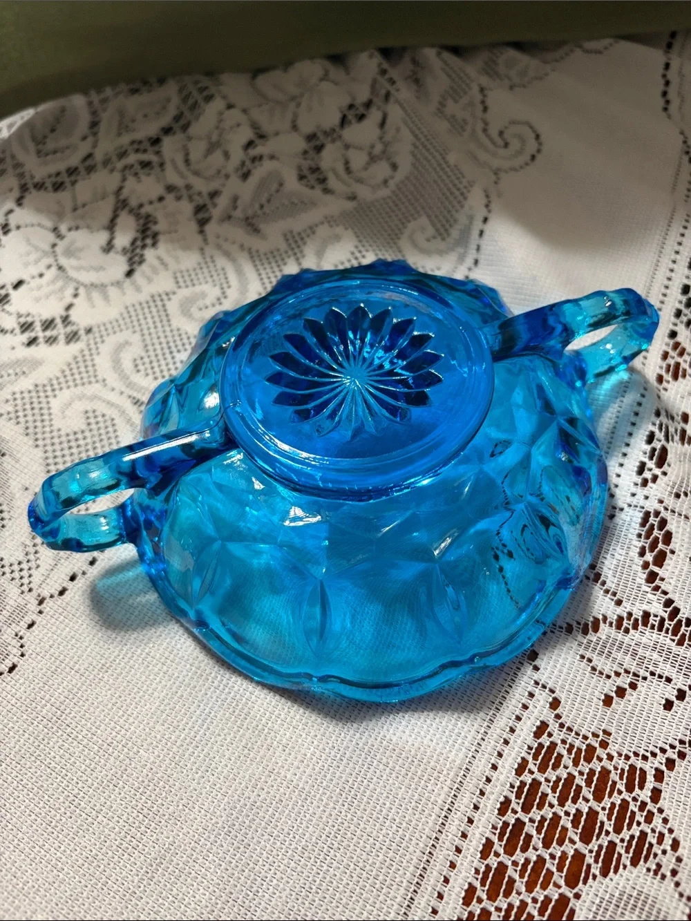 Vintage double handled Blue Glass Thumbprint pattern Candy Dish